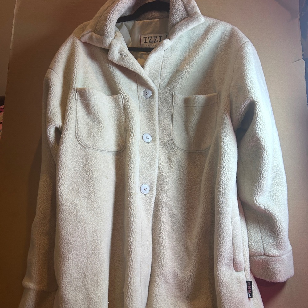 IZZI Outerwear Women Cream‎ Fleece Shacket Oversized Front Pockets 90s VINTAGE